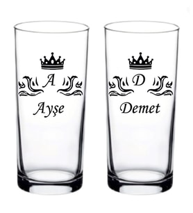 Kişiye Özel Taçlı Harf İsim Baskılı Rakı ve Meşrubat Bardağı