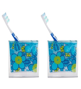 2 ADET DİŞ FIRÇALIK MAVİ ÇİÇEKLİ AKRİLİK 10X10X3CM BANYO SETİ