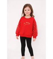 Kız Çocuk Tül Kol Detaylı Uzun Kollu Sweatshirt – Kırmızı (2–7 Yaş)
