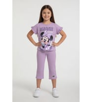 Pudra Minnie Desenli Tişörtlü Fitilli Pantolonlu Kız Çocuk Alt Üst Takım 23836