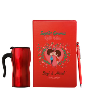 Sevgililer Gününe Özel Deri Kırmızı Defter Kalem & Termos Mug Hediye Seti 3