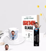 BK Gift Kişiye Özel Erkek Öğretmen Karikatürlü Türk Kahvesi Fincanı Ahşap Kitap Ayracı ve Öğretmen Olmak Kitabı Hediye Seti-2