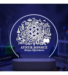 Kişiye Özel Kimya Öğretmenine Özel Kişiye Özel LED Işıklı Ahşap Masa İsimliği (Şeffaf)