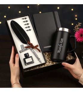 Premium Kişiye Özel 280 Ml Çelik Bardak Termos & Siyah Defter & Divit Tüylü Kalem Kutulu Hediye Seti