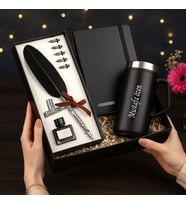 Premium Kişiye Özel 280 Ml Çelik Bardak Termos & Siyah Defter & Divit Tüylü Kalem Kutulu Hediye Seti