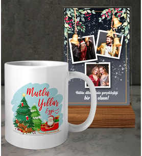 Kişiye Özel İsimli Yılbaşı Noel Baba Tasarımlı Beyaz Kupa ve 3 Fotoğraflı ve Mesajlı Tasarımlı Masaüstü Plak oh1230