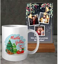 Kişiye Özel İsimli Yılbaşı Noel Baba Tasarımlı Beyaz Kupa ve 3 Fotoğraflı ve Mesajlı Tasarımlı Masaüstü Plak oh1230