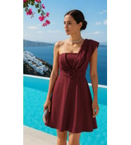 Kadın Tek Omuz Detaylı Kemerli Scuba Kumaş Mini Elbise (Bordo)
