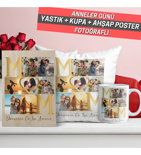 Anneler Gününe Özel 3'lü Hediye Seti  Kişiye Özel Fotoğraflı Yastık, Kupa ve Ahşap Poster