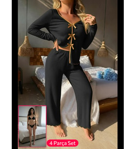Fantezia Night Kadın Bordo Fiyonklu İç Çamaşırı ve Uzun Kollu V Yaka Pijama Takımı 4'lü Set