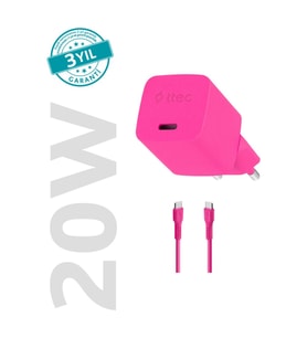 Ttec Smartcharger Gan 20W Pd Seyahat Hızlı Şarj Aleti + Usb-C - Usb-C 3A Kablo Neon Pembe 2SCG20CN