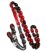 Gümüş Kazaz Püsküllü 7x11mm Kırmızı Siyah Ateş Kehribar Tesbih (Çok Renkli)