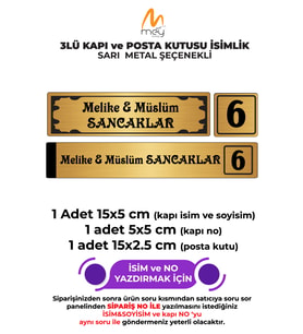 ALTIN METAL KAPI İSİMLİĞİ SETİ 3'LÜ - KAPI İSİMLİĞİ, KAPI NUMARASI, POSTA KUTUSU İSİMLİĞİ