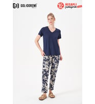 Gd Goldoremi 29160 Premium Kadın V Yaka Yazlık Rahat Kesim Kısa Kollu Pijama Takım