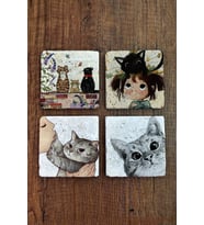 Doğal Taş Bardak Altlığı 4'lü Set - Kedi Desenli - Stone Coasters