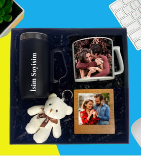 Kişiye Özel Premium Kutu Kulplu Termos Bardak Peluş Ayıcık Anahtarlık Çay Ve Nescafe Fincanı Ahşap Kahve Fotoğraflı Masaüstü Çerçeve