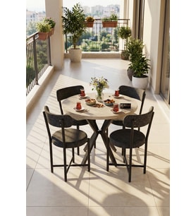 Mutfak Masası 4 Sandalyeli Set 90 Çap Yuvarlak Cafe Balkon Ofis Masa Yemek Takımı Teddy 9863 Antrast