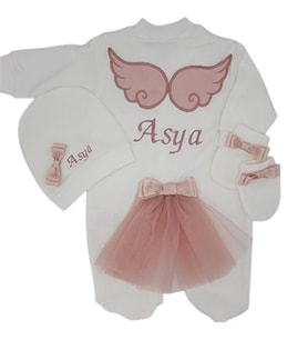 Melek Kanatlı Kız Bebek Hastane Çıkışı 3 lü Set Koyu Pudra (Beyaz)