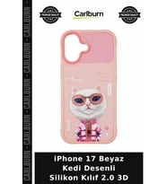 iPhone 17 Beyaz Kedi Desenli Silikon Kılıf 2.0 3D Cep Aksesuarı Arka Kapak