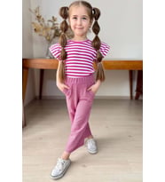 Kız Çocuk Yatay Çizgiler Kolsuz Omuzları Fırfırlı Bluz Pötikare Kumaş Pantolon P (Pembe)