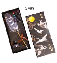 Tüy Divit Kalem Mürekkep 7 li Pirinç Set Cren Kuşu Desenli Siyah