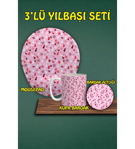 Yılbaşı Temalı 3'lü Bilek Destekli Mousepad Kupa Ve Bardak Altlığı Seti