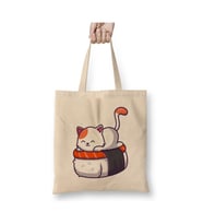 Cute Cat Sushi Salmon v5 Beyaz Bez Çanta Uzun Saplı Alışveriş Çantası Plaj Çantası