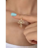 Gümüş Altın Kaplama Taşlı Nal Lotus Çiçeği Kolye 925 Ayar