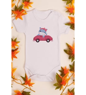 Kız Bebek Arabalı Hipopotam Baskılı Beyaz Çıtçıtlı