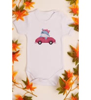 Kız Bebek Arabalı Hipopotam Baskılı Beyaz Çıtçıtlı