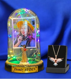 Size Özel Renkli Led Işıklı Fanus ve Renkli Zümrüdü Anka Kuşu Kolyesi - Premium Hediye Seti (Model 5)