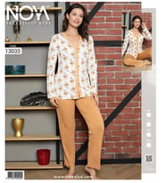 Noya Lux 13035 Bayan Ring Viskon Dantelli Önden Düğmeli pijama takımı (Hardal)
