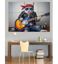 Gitar Çalan Tarz Sahibi Kedi Dekoratif Kanvas - Mdf Ahşap Tablo