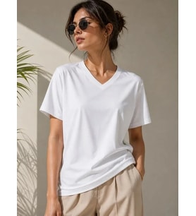 V Yaka Basic Tişört Kısa Kol Yazlık Regular Fit T-Shirt - Beyaz