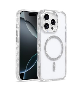 Apple iPhone 16 Pro Kılıf Kenar Taşlı M-safe Şarj Özellikli Parlak Tera Şeffaf K