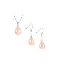 Pembe İnci Damla Küpe - Kolye Gümüş Set Kancalı Model