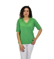 Kadın Yarım Kol V Yaka Yaka Sırt Detaylı Triko Tişöt 12837 BGL-ST04658 (Yeşil)