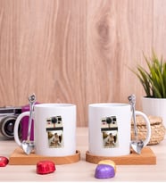 Kişye Özel Polaroid Tasarım Fotoğraflı İkili Ahşap Altlıklı Beyaz Kupa