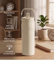 Taşıma Saplı Pipetli Paslanmaz Çelik Termos 480 mL