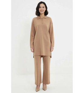 Kadın Büyük Beden Polo Yaka Uzun Kollu Pike Triko Tunik Pantolon Takımı Rahat Kesim Günlük Modern