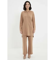 Kadın Büyük Beden Polo Yaka Uzun Kollu Pike Triko Tunik Pantolon Takımı Rahat Kesim Günlük Modern