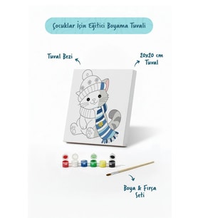 Bere ve Atkılı Sevimli Kedi Temalı Çocuk Boyama Tuvali – Şövalesiz Eğitici Boyama Seti 20x20 cm
