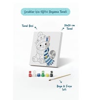 Bere ve Atkılı Sevimli Kedi Temalı Çocuk Boyama Tuvali – Şövalesiz Eğitici Boyama Seti 20x20 cm