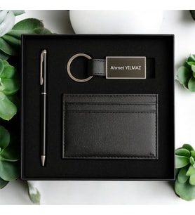 Kişiye Özel İsimli Anahtarlık & Deri Cüzdan & Kalem Hediye Seti (Siyah)