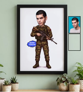 Kişiye Özel Karikatürlü Asker Siyah Çerçeve 30 Ağustos Zafer Bayramı Hediyesi