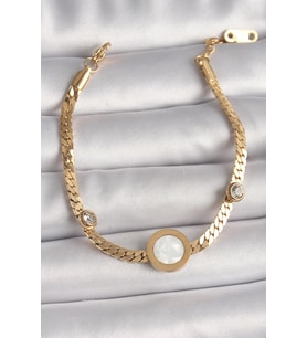 316L Çelik Gold Renk Yassı Zincir Model Zirkon Taş Detaylı Beyaz Mineli Madalyon - GLST4231-836