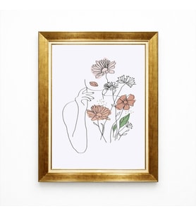 Tablore Minimalist Tek Çizgi Kadın Ve Çiçek Figürlü Altın Çerçeveli Salon Tablosu