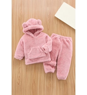 Unisex Bebek Çocuk Kışlık Peluş Welsoft Kapüşonlu 2'li Alt Üst Takım - Somon