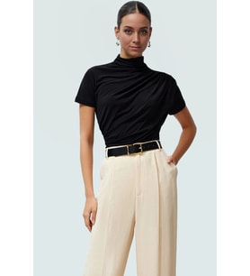 Polyester Elastan Örme Bluz Dik Yaka Fitted Kısa Kollu Yazlık Yüksek Kalite Rahat Kullanım