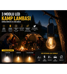 Güneş Enerjili ve USB Şarjlı 3 Modlu LED Asma Kancalı Taşınabilir Kamp Feneri Aydınlatma Lambası